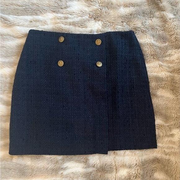 NWT LOFT Tweed Button Trim Navy Mini Wrap Skirt Size 10 - Picture 2 of 8